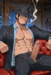 ai ai_generated bara big_penis civitai daddy daisuke_jigen dilf gay hairy_male huge_cock large_muscles large_penis lupin_iii male_focus male_only muscular_male nightclub solo_male