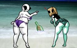 ! ass bald bald_female bikini black_eyes black_hair bottle breasts chetoh claire_(chetoh) egg exclamation_point female female_only green_bikini green_skirt hair looking_at_viewer looking_back mini_skirt oc open_mouth original original_character original_characters paper_bag paper_bag_on_head photo_background pointing purple_bikini rear_view rose_(chetoh) skirt suprised suprised_look water white_body