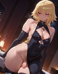 1boy 1girls 2025 ai_generated anime anime_girl anime_style arisua artist_name bangs bare_shoulders big_breasts black_dress black_gloves black_thighhighs blonde_hair blue_eyes blush braid breasts breasts cleavage closed_mouth covered_navel curvy curvy_body curvy_female dress elbow_gloves fate/grand_order fate_(series) female flaccid futanari futanari gloves hi_res high_quality high_res high_resolution highres indoors jeanne_d'arc jeanne_d'arc_(fate) large_breasts long_hair patreon patreon_username penis single_braid skindentation smile solo steam sweat testicles thighhighs thighs uncensored very_long_hair watermark