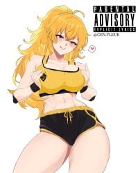 1girls blonde_female blonde_hair cleavage clothed_female genfleur0108 gym_clothes hands_on_own_breasts ponytail purple_eyes rwby short_shorts solo_female squeezing_own_breasts tank_top yang_xiao_long