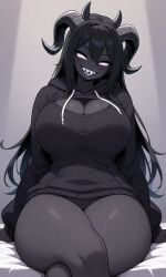 ai_generated breasts cleavage cozy cute hoodie large_breasts legs_crossed looking_at_viewer solo solo_female teasing the_binding_of_isaac the_siren_(the_binding_of_isaac) thick_thighs upskirt