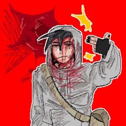 1boy :/ arm_up bag bags_under_eyes black_eyes black_gloves black_hair black_nails blood blood_from_forehead blood_on_clothes blood_on_face blood_splatter cry_of_fear exhausted finger_gun finger_gun_to_head fingerless_gloves frown gloves grey_hoodie hand_in_pocket hood hood_up hoodie imminent_suicide implied_suicide looking_at_viewer male_focus mercerspillborne messy_hair pool_of_blood red_background short_hair shoulder_bag simon_henriksson solo sparkle