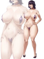 female female_only heels navel plain_background purple_eyes purple_hair purple_lipstick short_hair sling_bikini solo_female stomach white_background