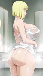 1girls ai_generated almost_naked barely_clothed bath_towel bathroom big_breasts blonde_hair blue_eyes blunt_bangs bob_cut breast_focus breasts cleavage exposed_ass expressionless eyelashes feet_out_of_frame female female_only from_behind huge_breasts indoors kunoichi large_breasts light-skinned_female light_skin looking_away mature mature_female milf mostly_nude naked_towel naruto naruto_(series) naruto_shippuden ninja onsen oppai paipan pussy samui shiny shiny_hair shiny_skin short_hair sitting solo solo_focus towel towel_only upper_body voluptuous voluptuous_female wet wet_skin yaruxd yellow_hair