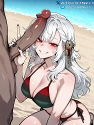 1boy 1girls ai_generated aigoonko alpha_1918 beach bikini black_nails dark-skinned_male flag_bikini hair_ornament holding_penis interracial kneeling light-skinned_female looking_at_viewer middle_finger red_eyes small_breasts smile tagme white_hair