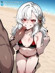 1boy 1girls ai_generated aigoonko alpha_1918 beach bikini black_nails dark-skinned_male flag_bikini hair_ornament holding_penis interracial kneeling light-skinned_female looking_at_viewer middle_finger red_eyes small_breasts smile tagme white_hair