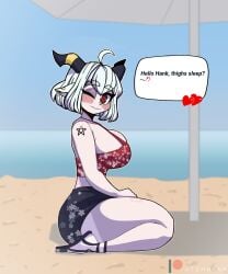 beach beach_umbrella big_ass big_breasts black_horns black_tail demon_girl gonzalo_costa gonzalocosta888 helltaker helltaker_(character) krampus_(helltaker) pentagram pentagram_tattoo red_eyes sand sandals sea short_hair swimsuit tattoo tehhank thighs white_hair wink