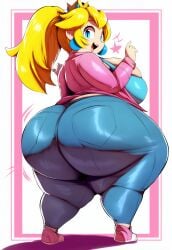 1girls ai_generated ass ass_focus big_ass blazer blonde_hair blue_eyes blue_pants booty breasts clothing crown dat_ass dumptruck_ass ear_piercing enormous_ass fat_ass female female_only gigantic_ass huge_ass huge_breasts human jeans large_ass lubbasdump mammal mario_(series) massive_ass nintendo open_mouth ponytail princess princess_peach royalty simple_background solo solo_female solo_focus thick_ass wide_hips