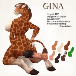 2018 ambiguous_gender animal_genitalia animal_penis anthro areola balls breasts duo english_text erection fasttrack37d furry futanari giraffe giraffid green_eyes hand_on_butt hi_res horsecock intersex intersex/ambiguous kneeling macro mammal model_sheet nipples nude penis simple_background size_difference text vein