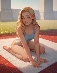 blonde_female blonde_hair blonde_hair_female blush blushing_female earrings feet foot_fetish gray_eyes in_public kneeling leaning_forward panties sitting sitting_down sitting_on_floor yoga_pants
