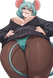 animal_ears areola_slip black_hoodie blue_hair blue_panties blue_tail breasts brown_pantyhose cameltoe curvy foreshortening highres hood hoodie large_breasts looking_down melonpuff mouse_ears mouse_girl mouse_tail nipples open_clothes open_hoodie original panties pantyhose purple_eyes short_hair smug tail thick_thighs thighs underboob underwear zipper