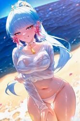 :d absurd_res ai_generated alternate_costume arm_grab arm_under_breasts ass_visible_through_thighs backlighting bare_shoulders beach bikini bikini_under_clothes blue_eyes blue_hair blue_sky blunt_bangs blunt_tresses blurry blurry_background blush bottomless bow bra_visible_through_clothes breast_hold breasts cherry_blossoms chinese_knot choker cleavage cloud collar collarbone contemporary cowboy_shot crop_top cropped_shirt curvy day depth_of_field dutch_angle falling_petals female floating_hair flower flower_knot frilled_choker frills genshin_impact glint gold_choker gradient_sky grin groin hair_ornament hair_ribbon half-closed_eyes halterneck hand_on_own_arm hand_on_own_leg hand_on_own_thigh hand_up high_ponytail highleg highleg_bikini holding_own_arm horizon jewelry kamisato_ayaka large_breasts leaning_forward leaning_to_the_side legs_together lens_flare light_blue_hair light_particles linea_alba long_hair long_sleeves looking_at_viewer medium_breasts midriff ministro mole mole_under_eye naughty_face navel neck_garter neck_ring neck_tassel no_pants ocean open_mouth outdoors parted_lips petals pink_ribbon ponytail raised_eyebrows red_ribbon ribbon sand seductive_smile see-through see-through_shirt see-through_silhouette shiny_skin shirt shore short_sleeves sidelighting sidelocks skindentation sky sleeves_past_wrists smile solo standing stomach strap_gap string_bikini sunlight sweat swimsuit swimsuit_under_clothes t-shirt tassel tassel_hair_ornament taut_clothes teeth thick_thighs thigh_gap thighs tress_ribbon tri_tails very_long_hair water water_drop wet wet_clothes wet_hair wet_shirt wet_swimsuit white_bikini white_choker white_hair white_shirt wide_hips wind
