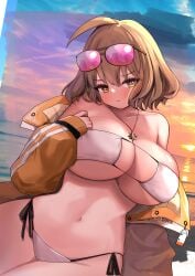 anis_(nikke) anis_(sparkling_summer)_(nikke) arm_at_side blush curvy doujin_cover goddess_of_victory:_nikke hand_on_breast huge_breasts ocean pout sunset thick_thighs unamused voluptuous wide_hips