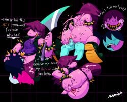 1boy 1girls anal anal_sex anus ass asshole big_ass cowgirl_position cum cum_in_ass cum_inside deltarune dripping eating eating_pussy english_text female huff inviting inviting_to_sex kris_(deltarune) lilmoonie male question_mark spread_anus spread_ass spreading spreading_ass susie_(deltarune) sweat text watermark