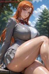 ai_generated bleach brown_eyes forest huge_breasts inoue_orihime orange_hair school_uniform