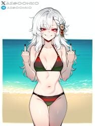 ai_generated aigoonko alpha_1918 bikini black_nails flag_bikini hair_ornament long_hair looking_at_viewer middle_finger red_eyes russia russian small_breasts smile white_hair