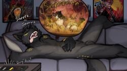 16:9 acidic animal_genitalia anthro black_body black_fur black_hair bodily_fluids canid canine closed_eyes cutaway duo fangs fully_sheathed fur genitals grey_body grey_fur grey_sheath hair hi_res inside inside_stomach lying male mammal markings moro_(sandman2480) nude on_back open_mouth pink_tongue sheath short_hair sleeping spread_legs spreading stomach_acid teeth tongue tongue_out vore widescreen yellow_markings