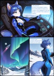 ai_generated aurora_borealis breath comic_page english_text flight_suit furry_female ice krystal krystal_(star_fox) mountain self_upload snow spaceship tablet trees