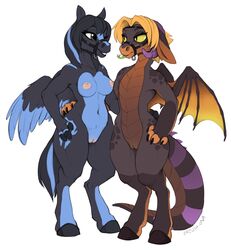 2018 5_fingers anthro asinus black_hair breasts brown_eyes colored_sketch curved_horn donkey dragon duo equid equine feathered_wings feathers female hair hi_res hooves horn hybrid mammal membrane_(anatomy) membranous_wings navel nipples nude pussy simple_background standing tongue white_background wings zazush-una zazush_(zazush-una)