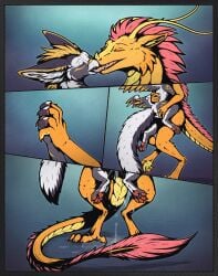 ambiguous_gender ambiguous_penetration anthro avian bodily_fluids comic comic_panel cum dragon duo fur genital_fluids gryphon hi_res kissing mythological_avian mythological_creature mythological_scalie mythology paws penetration romantic scales scalie shadarrius size_difference snowviper teacup_gryphon tongue
