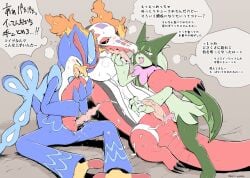 animal_genitalia animal_penis anthro beak biped black_sclera blue_body blush dialogue ejaculation erection feline_genitalia feline_penis feral fur generation_9_pokemon genitals green_body green_fur group handjob hi_res japanese_text male male/male meowscarada nintendo penile penile_spines penis pink_body pokemon pokemon_(species) quadruped quaquaval red_body sex skeledirge text thought_bubble translation_request trio white_body yamatokuroko965