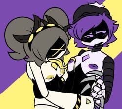 2d 2d_(artwork) 2girls beanie blush blush glitch_productions j_(murder_drones) licking licking_breast murder_drones purple_eyes purple_hair robot robot_girl robot_humanoid screen_face self_upload serial_designation_j superbharm0ny tongue tongue_out uzi_(murder_drones) yellow_eyes yellow_tongue yuri
