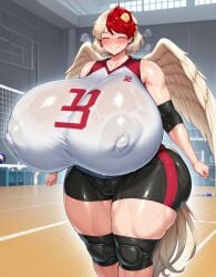 1girls ai_generated blonde_hair blush breasts cameltoe chicken_girl chicken_tail female gigantic_breasts kutaka_niwatari red_hair solo solo_female standing sweat tail thick_thighs thighs touhou volleyball volleyball_shorts volleyball_uniform wings