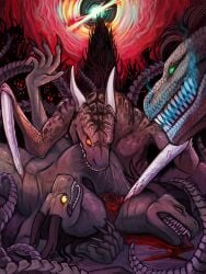 2_heads acidic anthro bite blood bodily_fluids brown_body brown_horn decapitation detailed dragon gore green_eyes grey_body grin group hi_res horn imminent_death male multi_head mythological_creature mythological_scalie mythology nude open_mouth orange_eyes outside scalie sharp_teeth smile teeth tongue tongue_out wounded yellow_eyes