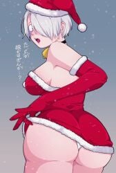 alternate_costume ass ass_focus bell_collar big_ass blush choker christmas christmas_outfit collar dress_lift elbow_gloves fangs female female_only fur_trim gegege_no_kitarou genderswap_(mtf) gloves hair_over_one_eye kitarou_tanjou_gegege_no_nazo looking_at_viewer looking_back mainasu medama_oyaji_(human) medium_breasts minidress open_mouth panties rear_view red_gloves rule_63 santa_hat short_hair sideboob solo very_short_hair white_hair white_panties wide_hips