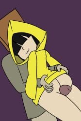 ass ass_grab bag bag_over_head hair_covering_eyes half_naked jacket looking_back mono_(little_nightmares_2) no_panties no_pants penis raincoat six_(little_nightmares) smug smug_face thigh_sex thigh_sex thighs yellow_clothing