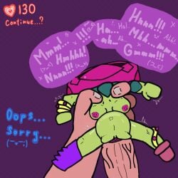 1boy belly_button big_penis blush breasts bulge doll female female grabbing green_skin green_skinned_female living_sex_toy male moan moaning nude nude_female penetration penis pink_nipples pussy size_difference stomach_bulge