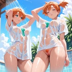 1girls ai_generated bathing blue_eyes bottomless c.c.leah exhibitionism exhibitionist exposed exposed_pussy exposed_vagina female gym_leader human kasumi_(pokemon) kasumi_(pokemon) orange_hair outdoor_bathing outdoor_nudity outdoors outside pokemon pokemon_trainer pubic_hair public public_nudity pussy see-through_clothing shirt shirt_only shower solo solo_female vagina voyeur voyeurism wet wet_body wet_clothes wet_clothing wet_pussy wet_skin