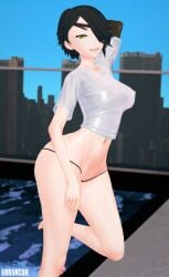 1girls amber_eye arrancon cinder_fall eyepatch half-dressed half_naked hand_behind_head monster_arm nipples_visible_through_clothing rwby solo_female wet_shirt