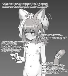 1boy absurdres ahoge animal_ears arknights blue_archive blush breasts cat_ears cat_girl cat_tail disembodied_hand ear_fondling earrings english_text female greyscale highres holding holding_photo jewelry long_hair mari_(blue_archive) monochrome navel nipples nude papyrus_(arknights) photo_(object) simple_background small_breasts solo_focus tail tearing_up th3cr0ma