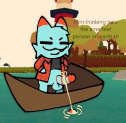 anthro ass balls black_clothing black_shirt black_topwear blue_body blue_fur boat bottomless checkered checkered_clothing checkered_shirt checkered_topwear cheek_tuft closed_eyes clothed clothing english_text erection eyes_always_closed facial_tuft fishing fishing_line fluffy fur genitals hi_res knot lake male orange_body orange_fur outside pattern_clothing pattern_shirt pattern_topwear penis plant scab_(character) scab_nsfw screencap screencap_background shirt smile solo teeth text topwear tree tuft vehicle water watercraft webfishing