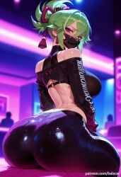 ai_generated ass_focus balecxi bare_shoulders black_mask blurry blurry_background crop_top earrings female from_behind genshin_impact green_hair hair_between_eyes huge_ass jewelry kuki_shinobu large_breasts long_sleeves looking_at_viewer looking_back mouth_mask pants ponytail purple_eyes shiny_clothes sitting solo sweat