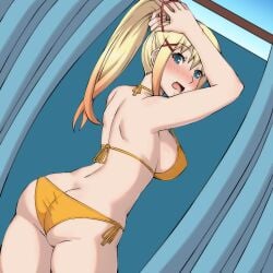 1girls adjusting_hair arms_behind_head ass big_ass big_breasts bikini blonde_hair blue_eyes breasts busty butt_crack covered_nipples darkness_(konosuba) female female_only hair_ribbon highres kono_subarashii_sekai_ni_shukufuku_wo! large_breasts legs long_hair open_mouth ponytail pose posing ribbon sensual sexy sexy_pose sideboob solo surprised swimsuit thighs tongue voluptuous yellow_bikini