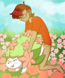 alpha_pokemon blake_rothenberg bottomless cecil_(screamoshaymin) clothed clothing doggy_style eyewear female flower from_behind_position generation_4_pokemon glasses hi_res human interspecies land_forme_shaymin legendary_pokemon male male/female mammal nintendo plant pokemon pokemon_(species) pokephilia screamoshaymin sex shaymin