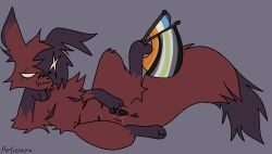 agender_pride_colors anus arm_support aroace_pride_colors artienvy artificer_(rain_world) bodily_fluids facial_scar feral fluffy fluffy_tail fur genital_fluids hand_on_chin hi_res holding_with_foot leaning_on_elbow lgbt_pride looking_at_viewer lying mastectomy_scar multi_mastectomy_scars on_side one_leg_up pride_color_flag pride_colors rain_world raised_leg red_body red_fur red_tail scar slugcat smug_face solo spread_legs spread_vulva spreading tail tail_tuft tuft vaginal_fluids videocult white_eyes