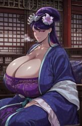 1girls ai_generated aroused aroused_face aroused_female aroused_smile asian asian_clothing asian_female big_breasts breasts breasts_bigger_than_head cleavage clothed clothing collarbone curvy curvy_body curvy_female curvy_figure dress earrings female female female_focus female_only flower flower_in_hair gigantic_breasts heavy_breathing huge_breasts indoors kimono kusuriya_no_hitorigoto large_breasts lihua_(kusuriya_no_hitorigoto) long_hair looking_at_viewer milf nunai ornament overflowing_breasts pink_eyes sitting smile smiling smiling_at_viewer solo solo_female solo_focus steam steamy_breath violet_hair
