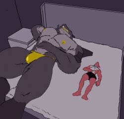 2boys alligator alligatorid animated artspam asphyxiation bara barazoku big_dom_small_sub bulge crocodile crocodilian danzer_(reptilligator) furry gay gif himbo male male/male muscular muscular_male overwhelmed predator/prey ram_(reptilligator) reptile scalie size_difference sleeping tagme thong