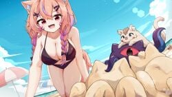 :d animal_ears ball bangs bare_arms bare_legs bare_shoulders beach beach_umbrella beachball bikini black_bikini black_swimsuit blue_eyes blue_sky blush braid breasts cat_ears cleavage cloud collarbone day dutch_angle eyebrows_visible_through_hair fangs feline female front-tie_bikini front-tie_top hair_between_eyes hair_ornament hairclip holding_ball large_breasts long_hair looking_at_viewer medium_breasts multicolored_hair ocean oerba_yun_fang open_mouth outdoors pink_hair red_eyes sand sky smile solo squchan_(vtuber) streaked_hair swimsuit twin_braids umbrella very_long_hair virtual_youtuber vyugen water