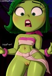 ai_generated chel_(cosplay) clothed clothing colored_skin crop_top disgust_(inside_out) green_eyes green_hair green_skin inside_out inside_out_2 killjoyproject lipstick loincloth night_sky no_panties open_mouth outdoors perfect_body pixar pussy short_hair small_breasts teeth thighs wind_lift
