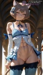 1girls abs ai_generated animal_ear_fluff animal_ears ass_visible_through_thighs babydoll bare_shoulders blue_choker blue_ribbon blue_thighhighs blurry bow breasts brown_hair cat_ears cat_girl cat_tail choker cleavage cleft_of_venus clothes_pull collarbone cowboy_shot detached_sleeves felix_argyle genderswap_(mtf) hairbow indoors looking_at_viewer medium_breasts meitabuu muscular navel no_panties pantyhose pantyhose_pull parted_lips pussy re:zero_kara_hajimeru_isekai_seikatsu rule_63 short_eyebrows short_hair smile solo spaghetti_strap standing stomach striped_clothes striped_pantyhose tail thick_eyebrows toned uncensored underwear vertical-striped_clothes vertical-striped_pantyhose white_bow yellow_eyes