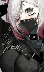 animal_ears bangs black_collar breasts buckle close-up dya_rikku dya_rikku_(vtuber) ear_piercing eyebrows_visible_through_hair female grey_eyes grey_hair jacket looking_at_viewer mask mouth_mask piercing solo streaked_hair upper_body vyugen