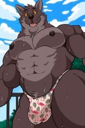 1boy abs absurd_res anthro bodily_fluids brown_fur bulge canine clothed digital_media_(artwork) erect_nipples furry_only genitals hi_res large_penis looking_at_viewer male mammal muscular nearly_nude nipples open_mouth outdoors pecs penis penis_visible_through_clothing solo sweat swimsuit tagme tail tongue_out topless underwear
