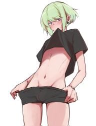 androgynous aus_vaka blush boxers bulge bulge_through_clothing femboy lio_fotia promare shirt_in_mouth shirt_lift solo solo_male twink underwear