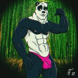1:1 2022 5_fingers abs anthro balls_outline bear biped black_body black_fur black_nose brown_eyes bulge closed_smile clothed clothing detailed_bulge digital_drawing_(artwork) digital_media_(artwork) fabfelipe fingers fur genital_outline giant_panda hair hand_on_leg hand_on_own_leg hi_res male mammal mouth_closed multicolored_body multicolored_fur muscular muscular_anthro muscular_male navel nipples pecs penis_outline pink_clothing pink_thong pink_underwear pinup pose smile solo thong thong_only topless topless_anthro topless_male two_tone_body two_tone_fur underwear underwear_only white_body white_fur white_hair