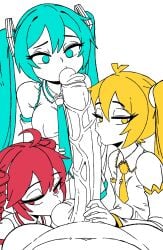 1boy 3girls 3girls1boy akita_neru artist_request big_breasts blowjob breasts foreskin hatsune_miku kasane_teto licking licking_penis long_penis male_pov nipples pov sucking sucking_balls sucking_penis triple_baka_(vocaloid) twin_drills twintails utau vocaloid yellow_hair
