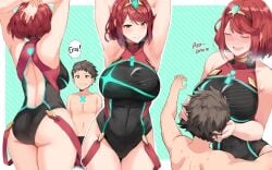 1boy 1girls armpits arms_behind_head arms_up ass back bare_shoulders between_breasts big_breasts black_male_swimwear black_one-piece_swimsuit black_swim_trunks blush breast_smother breasts breath brown_eyes brown_hair busty closed_eyes competition_swimsuit confident covered_navel curvy diagonal_stripes drooling face_to_breasts female gem glowing head_between_breasts head_grab headpiece heart height_difference hews_hack hip_focus huge_ass impossible_clothes impossible_swimsuit large_breasts male_swimwear motherly multiple_views navel nintendo one-piece_swimsuit open_mouth pyra pyra_(pro_swimmer)_(xenoblade) pyra_(xenoblade) red_eyes red_hair red_one-piece_swimsuit rex_(cloud_sea_shark)_(xenoblade) rex_(xenoblade) romaji_text seductive seductive_look seductive_smile sexy sexy_armpits sexy_pose short_hair smile striped_background sweat swept_bangs swim_trunks swimsuit thick_thighs thigh_gap thighs wide_hips xenoblade_chronicles_(series) xenoblade_chronicles_2
